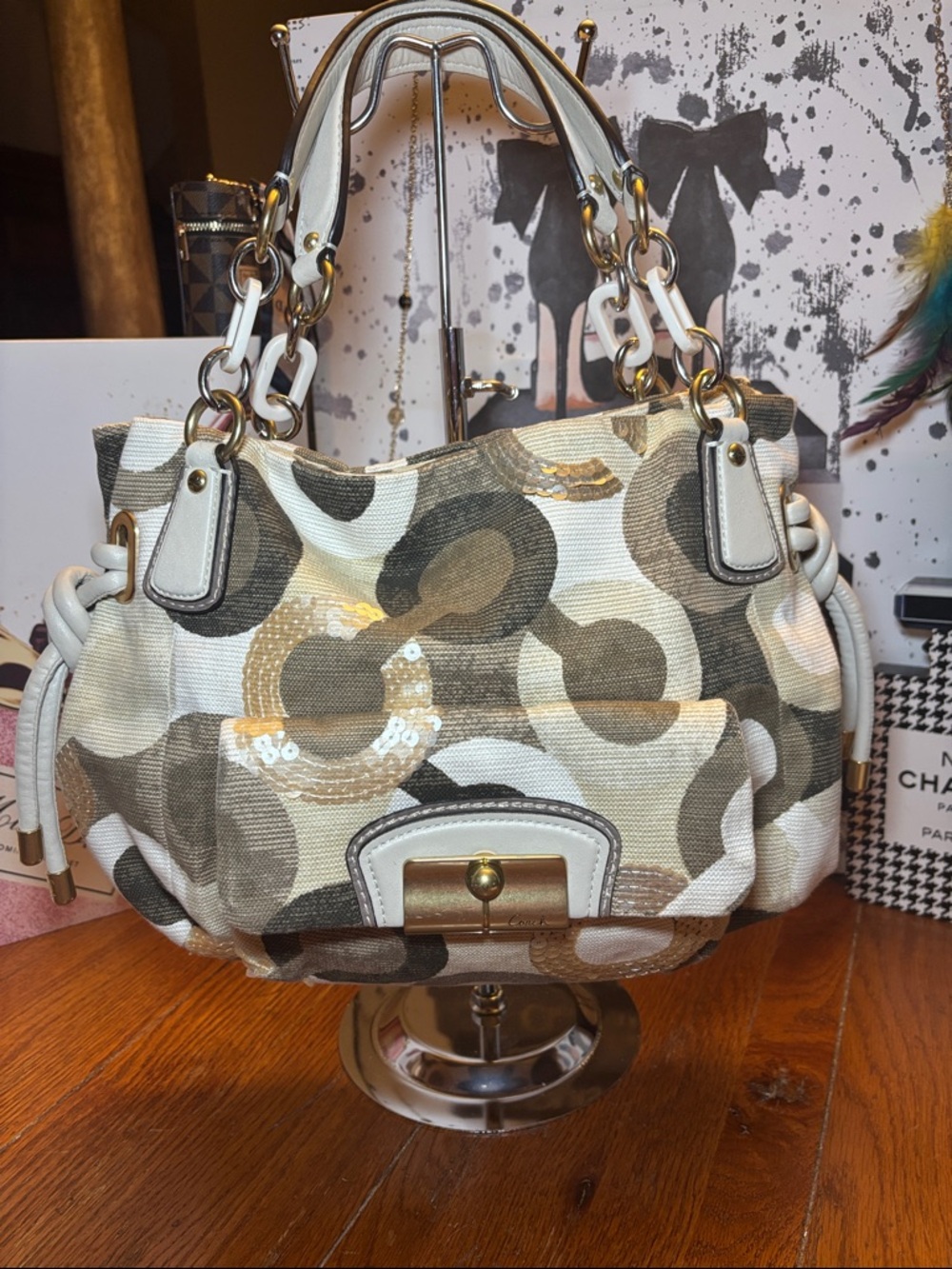 Coach Sequin Satchel Shoulder Bag Pink Satin Lining Silver Tone Hardware